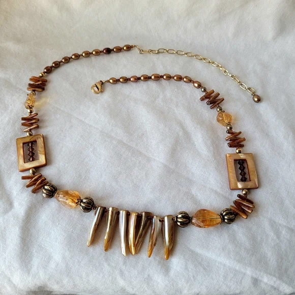 Abalone, Amber, Pearl, Crystal, & Coral Necklace